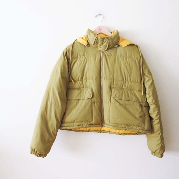 Anthropologie Pilcro Utility Puffer Jacket M Mustard Yellow Hooded Crop - Picture 3 of 6